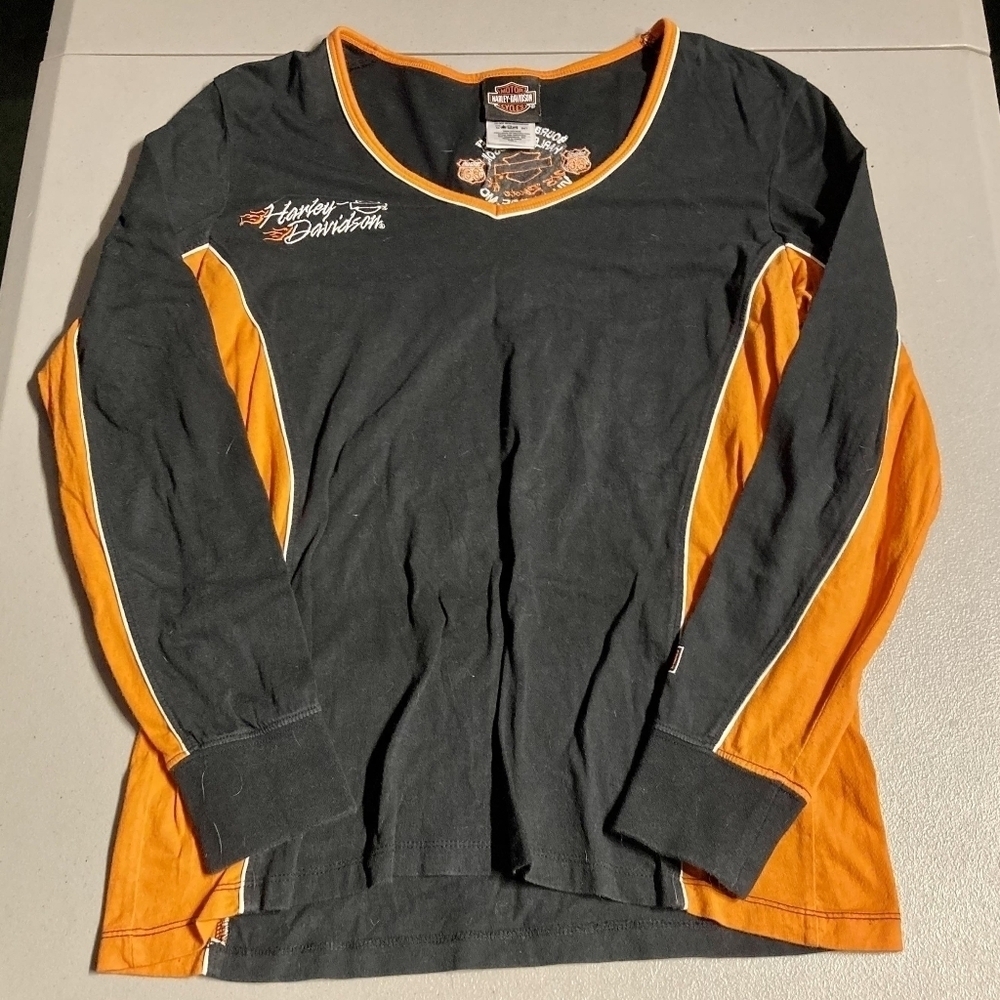 Harley Davidson Black Orange Long Sleeve Tee T-Shirt Large L Crew Neck EUC